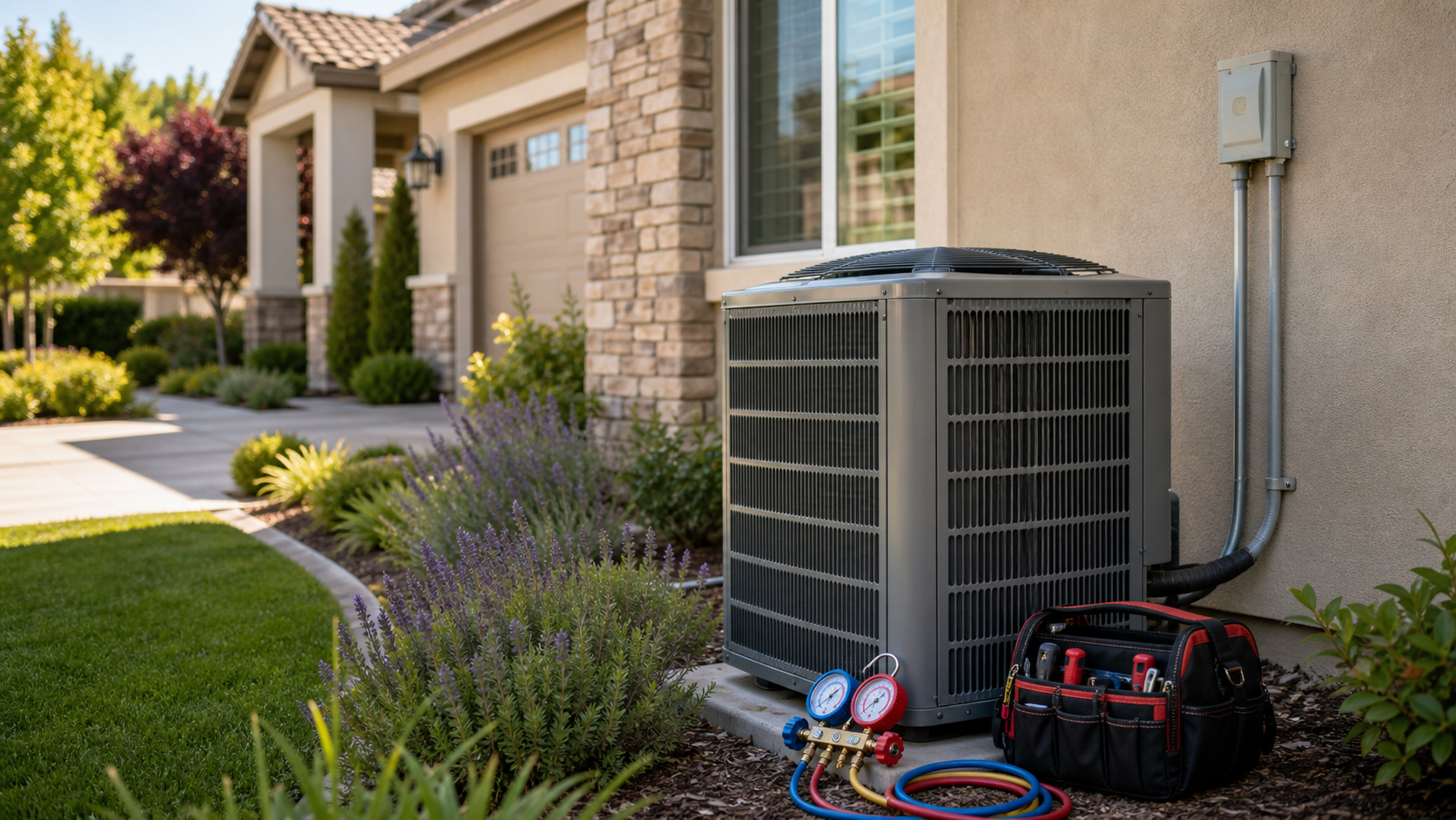 Outdoor AC condenser beside a Folsom home before summer maintenance